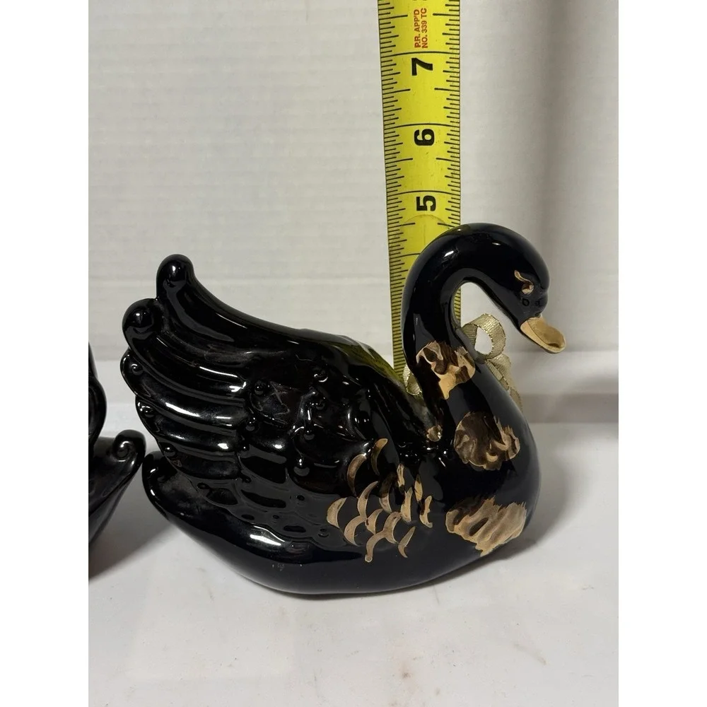 VTG Black Gold Ceramic Swans Set Animal Figurines Made In Taiwan 5